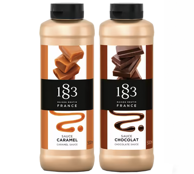 Verpakking met 2 toppings van 500 ml – karamel en pure chocolade – 1883 ROUTIN