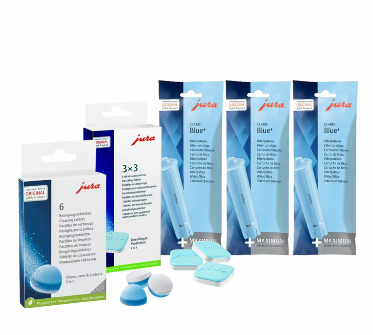 Vedlikeholdspakke for 6 måneder: Rensekapsler + avkalkingskapsler + 3 CLARIS blue filterpatroner +