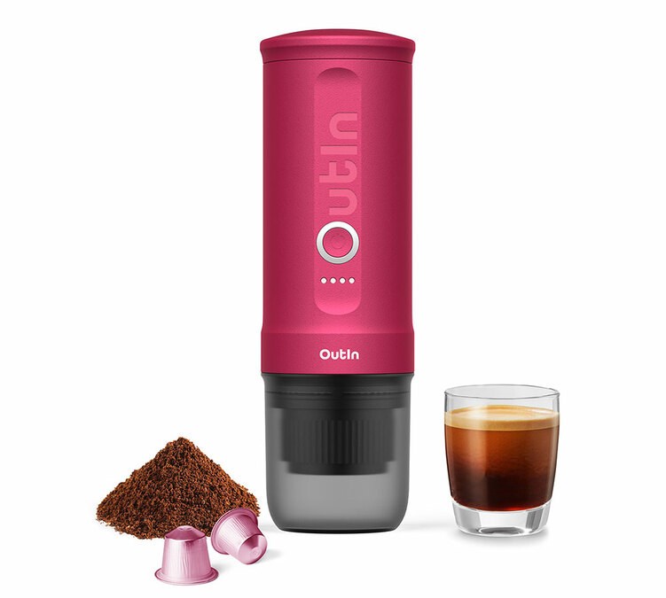 Caffettiera da viaggio OUTIN Nano, portatile, colore rosa fucsia.