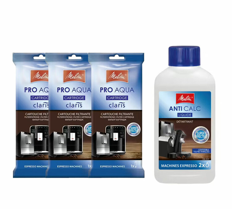 Kit de manutenção MELITTA – cartucho filtrante Pro Aqua + removedor de calcário Anti Calc.