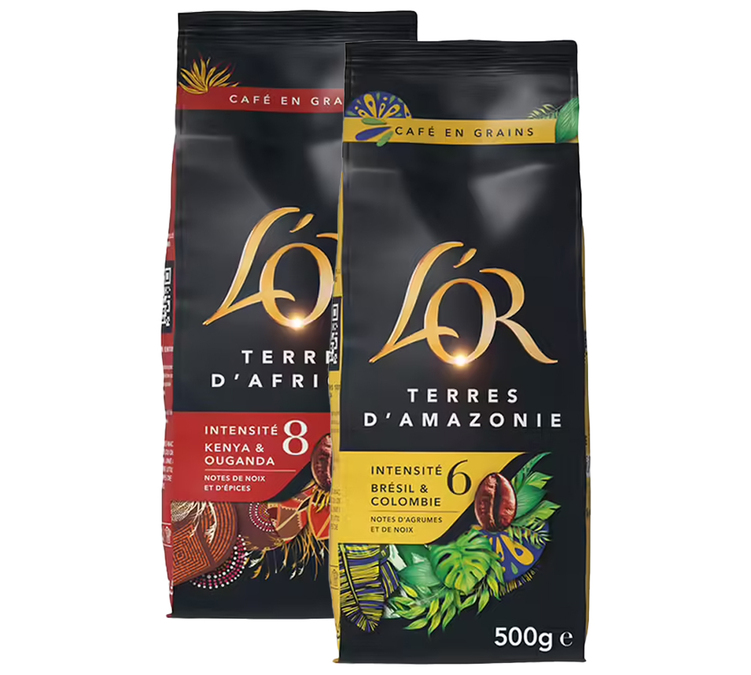 2 confezioni da 500 g - Caffè in grani - Selezione Terre d’Africa e d’Amazzonia - L'OR