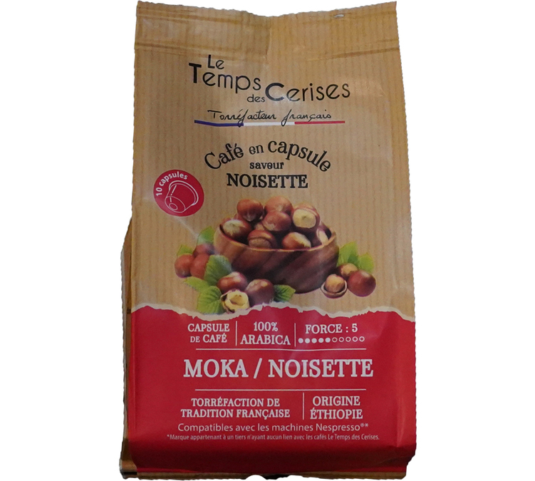 10 „Nespresso“ tipo kapsulių, suderinamų su „Original“ kavos aparatais. Skonis: lazdyno riešutas. Tinka kompostuoti namuose. Gamintojas: „LE TEMPS DES CERISES“.