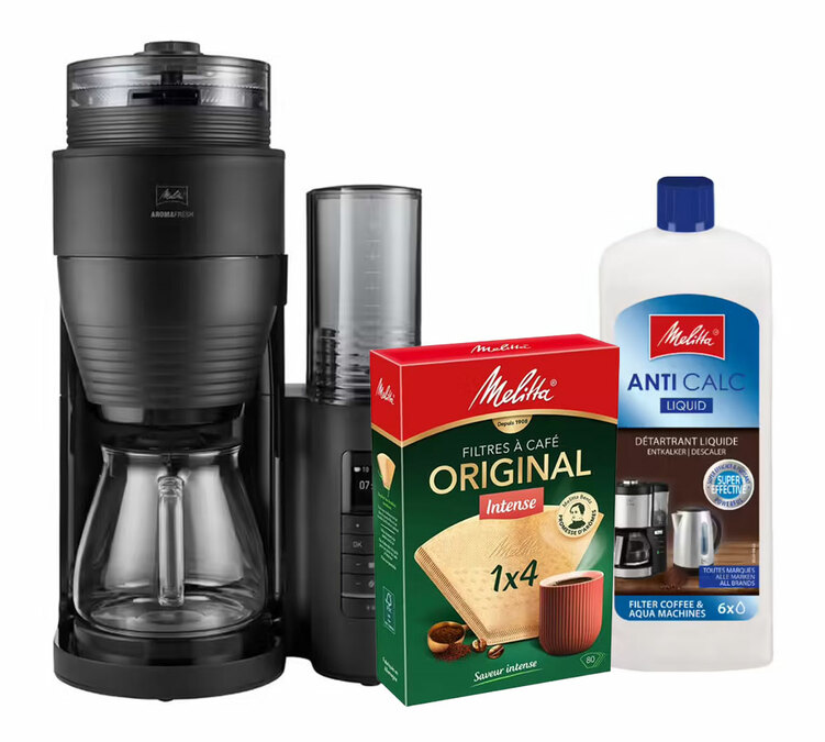 AromaFresh 1030-11 -suodatinkahvinkeitin, jossa on lasikarahvi ja 1 x 4 -suodatinpussi sekä 250 ml kalkinpoistoainetta – Melitta