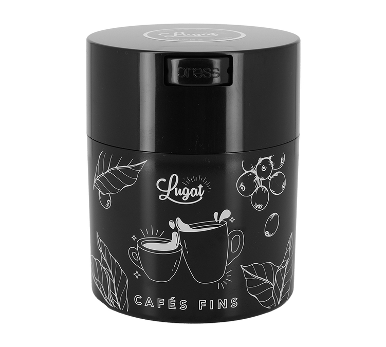 Schwarze Konservendose mit Vakuumversiegelung, 250 g – Cafés Lugat.