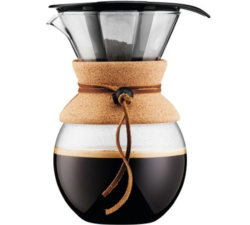 Ręczny ekspres do kawy Bodum z filtrem typu Pour Over, obudową z korka i skóry – na 8 filiżanek/100 ml.