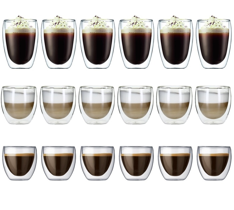 18 copos de vidro de dupla camada Pavina, com capacidade de 8 cl, 25 cl e 35 cl – Bodum.