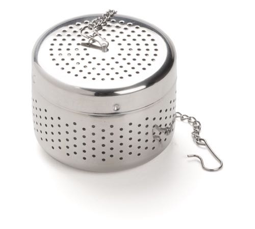 Infusor de té Dammann de forma cilíndrica, fabricado en acero inoxidable cromado.