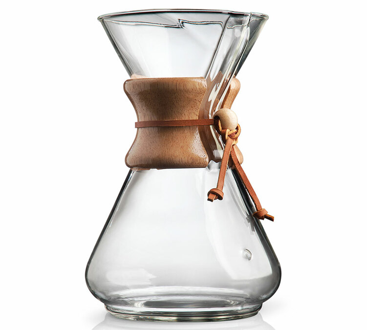 Chemex koffiezetapparaat van glas, voor 10 kopjes.