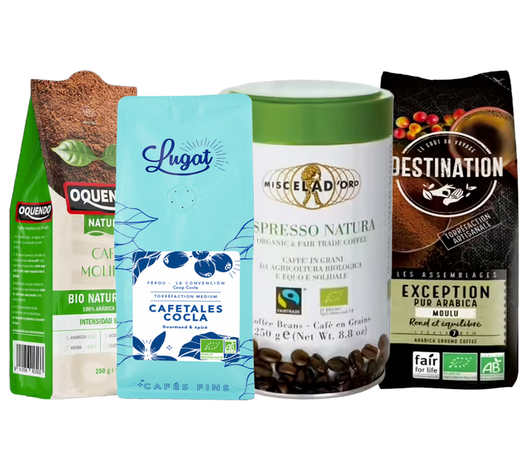 4 confezioni da 250 g – Caffè macinato – Confezione di prova con una selezione dei migliori prodotti biologici –