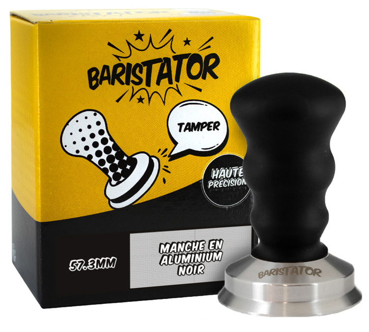 Compactador para café BARISTATOR, 57,3 mm, alta precisão, cabo em alumínio preto.
