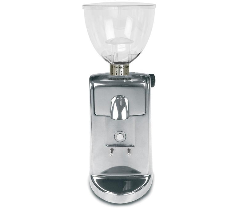 Molino para café expreso ASCASO I-Mini i.1, acabado en aluminio pulido.