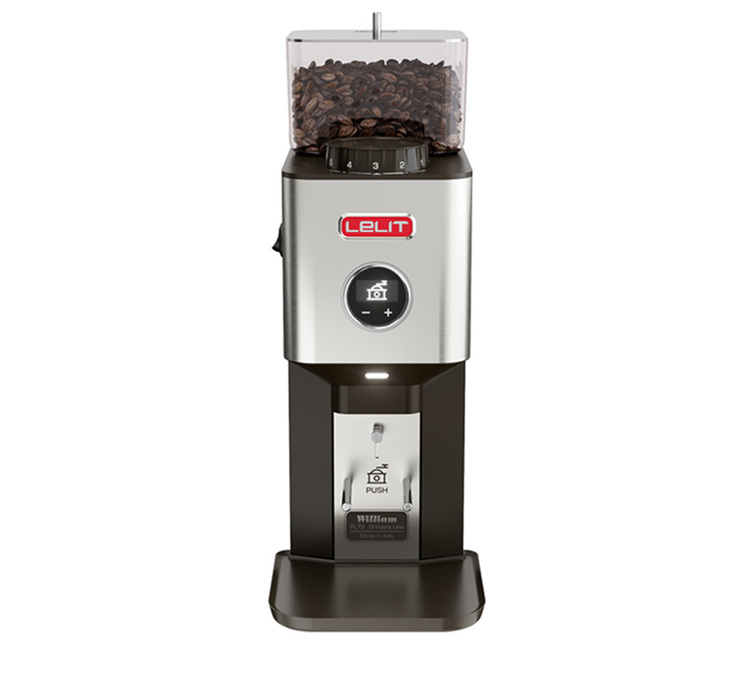 Molino para café espresso LELIT William PL72, acabado en acero inoxidable cepillado.