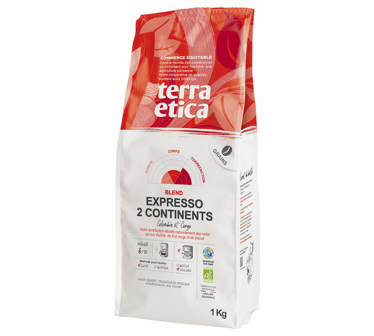 1 kg – skrudintos kavos pupelės – „Expresso 2 continents Bio“ – „TERRA ETICA“