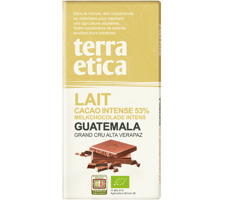 „Intensyvus“ pieninis šokoladas, 53 %, pagamintas iš ekologiško Gvatemalos kakao – 100 g – „TERRA ETICA“.