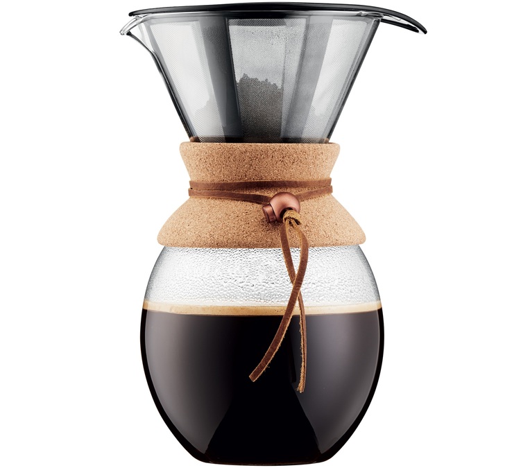 „Bodum“ rankinis kavos aparatas su „Pour Over“ tipo filtru, kamštiniu ir odiniu apvalkalu – 12 puodelių / 150 ml.