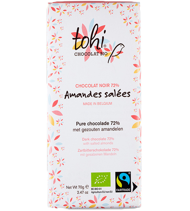 Tableta de chocolate negro con 74 % de cacao, almendras saladas y ingredientes ecológicos, 70 g - TOHI.