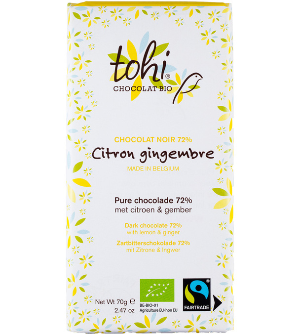 Tavoletta di cioccolato fondente 74% cacao, con limone e zenzero, biologica - 70 g - TOHI
