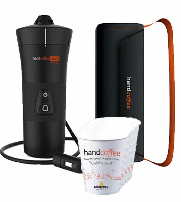 Cafetière Handpresso modèle Handcoffee Truck 24 volts pour dosettes Senseo + son étui de protection + cadeaux