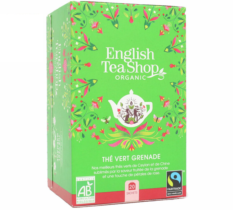 Luomulaatuinen ja reilun kaupan vihreä tee, jossa on granaattiomenaa ja ruusun terälehtiä – 20 teepussia – REILUN KAUPAN TUOTE – ENGLISH TEA SHOP