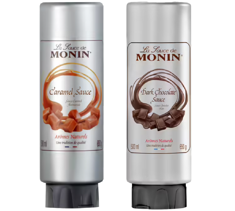 Set van 2 Monin toppingsausen – donkere chocolade en karamel, 500 ml – MONIN