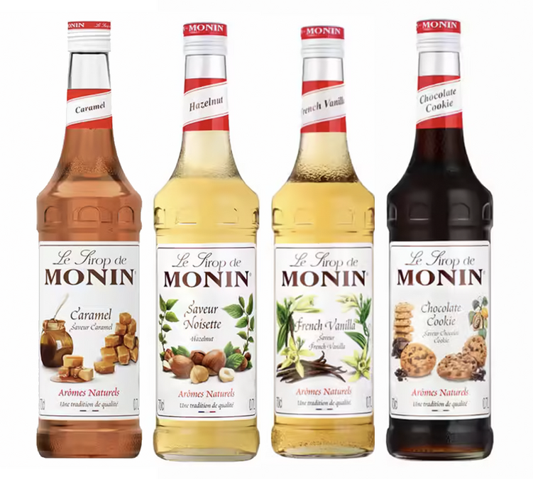 Σετ με 4 σιρόπια Monin – Γαλλική Βανίλια / Καραμέλα / Σοκολατένια Μπισκότα / Φουντούκι – 4 φιάλες των 70 cl.