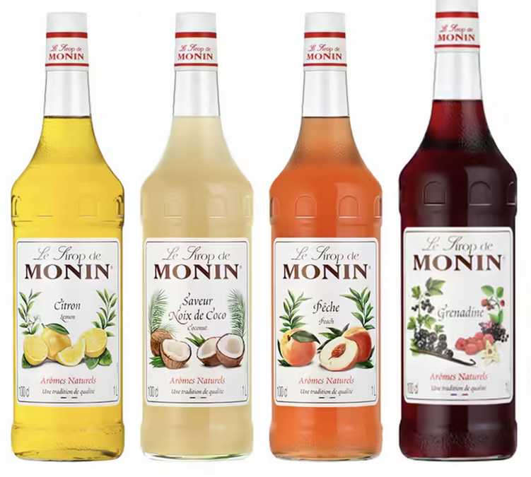Set mit 4 Monin-Sirupsorten: Pfirsich / Kokos / Granatapfel / Zitrone, 4 x 1 Liter.