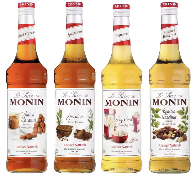 Set mit 4 Monin-Sirups – Geröstete Haselnuss / Spekulatius / Gesalzene Karamell / Popcorn – 4 x 700 ml
