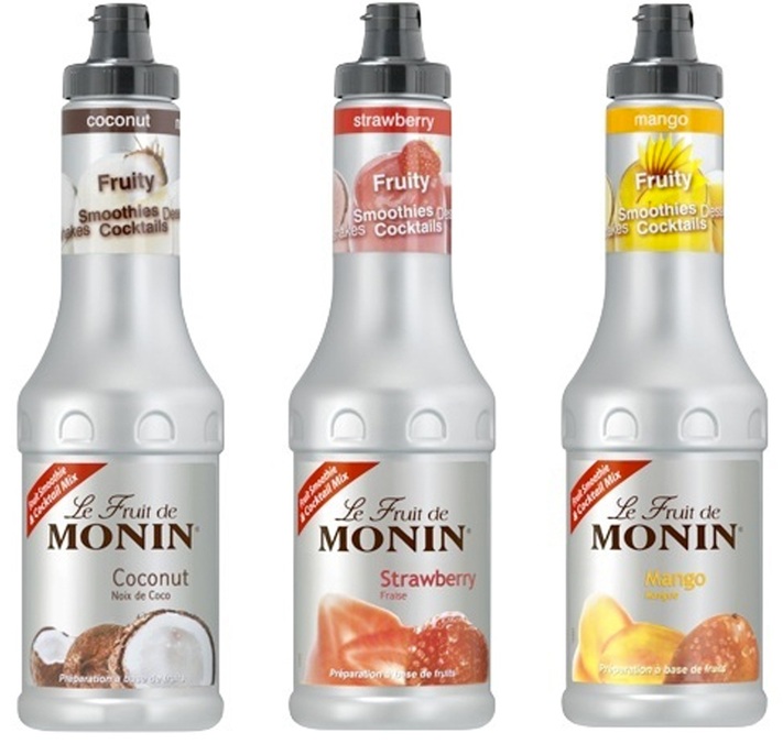 Pakke med 3 fruktsmoothier fra Monin: Kokos / Jordbær / Mango – 3 x 50 cl.