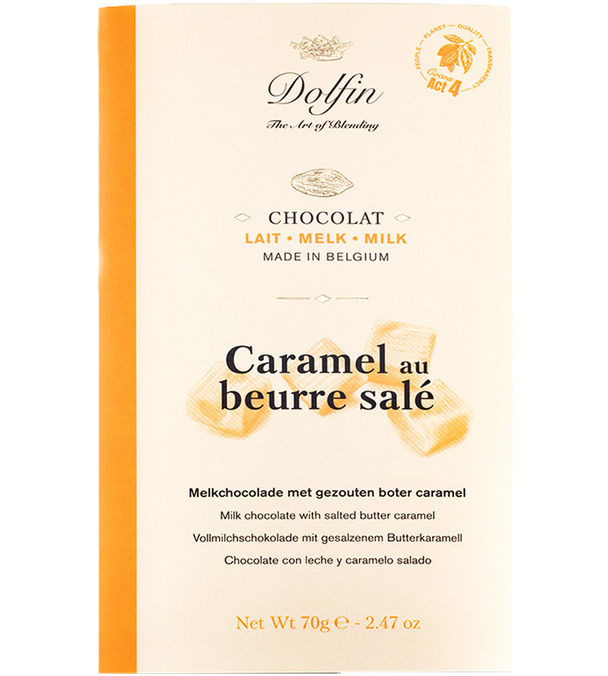 Tableta de chocolate con leche, sabor caramelo y mantequilla salada - 70 g - DOLFIN