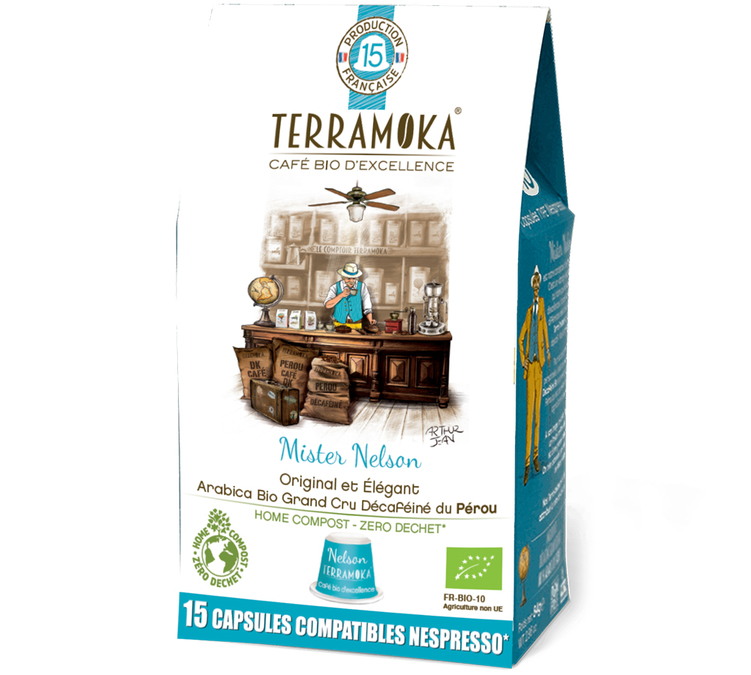15 биоразградими капсули, съвместими с Nespresso* Original, марка Mister Nelson – TERRAMOKA.