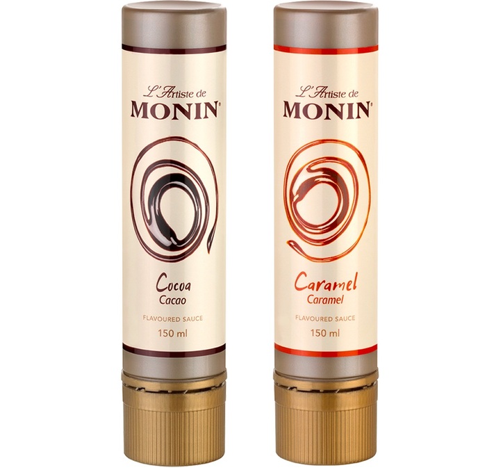 Verpakking met 2 sauzen van L'Artiste van Monin - Karamel + Cacao - 2 x 150 ml
