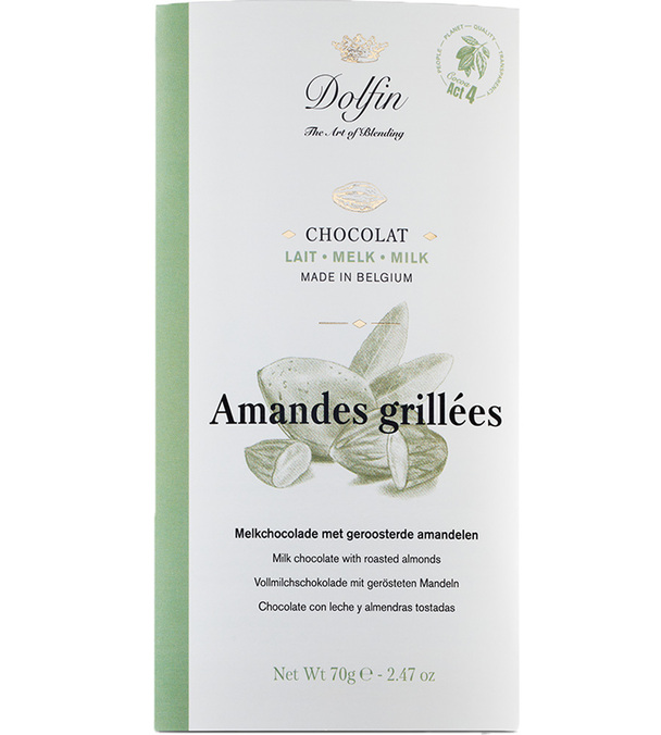 Tableta de chocolate con leche y almendras tostadas, 70 g - DOLFIN.