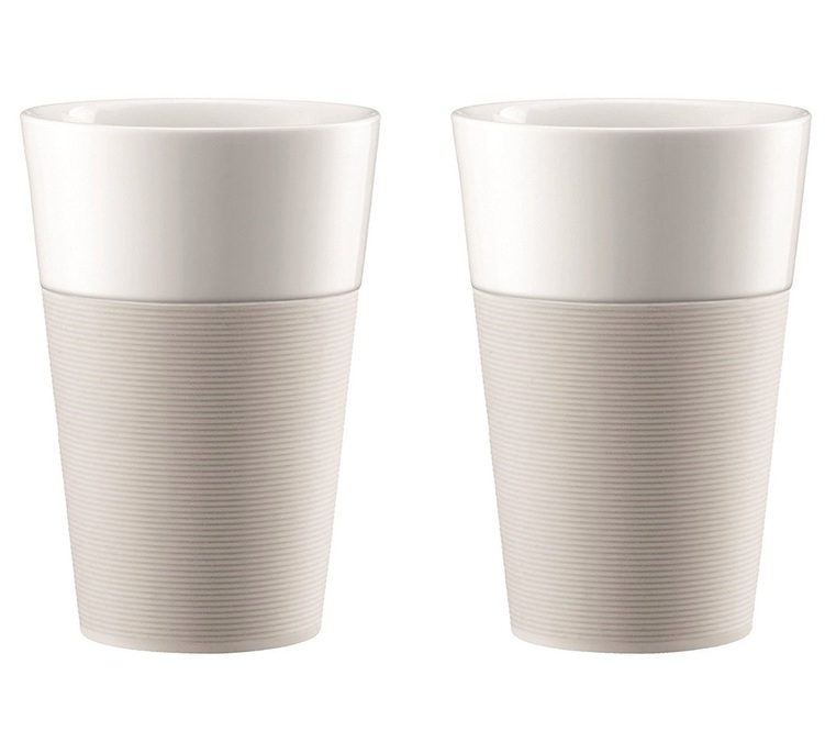 BODUM csészék – fehér szilikaszéles csíkkal ellátott, porcelán Bistro csészék, 2 darab, 60 cl űrtartalom.