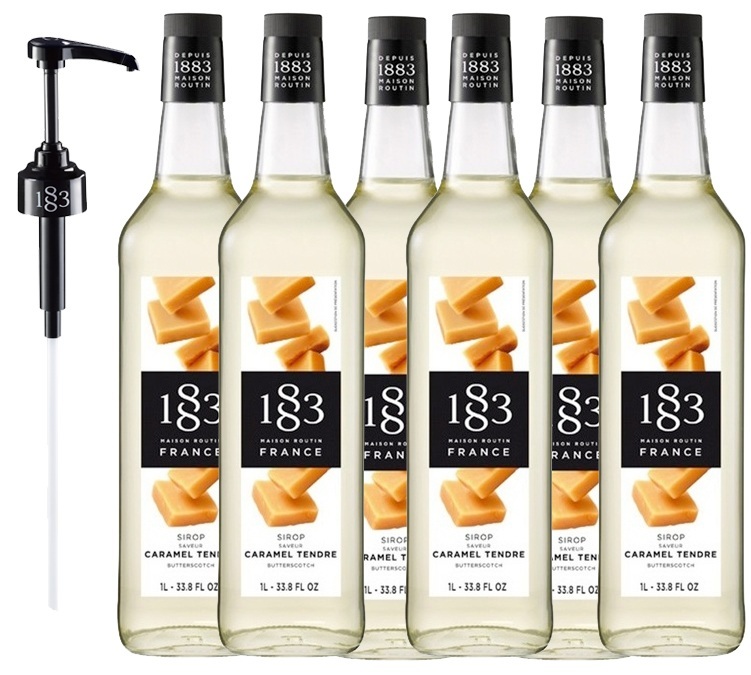 6 darabos készlet, professzionális felhasználásra szánt, lágy karamell ízű szirup – 6 x 1 liter + adagoló pumpa – 1883 ROUTIN