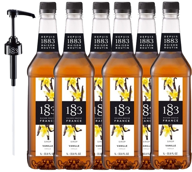Set od 6 bočica sirupa s okusom vanilije za profesionalnu upotrebu – plastične bočice – 6 x 1 l + dozirna pumpa 1883 ROUTIN.