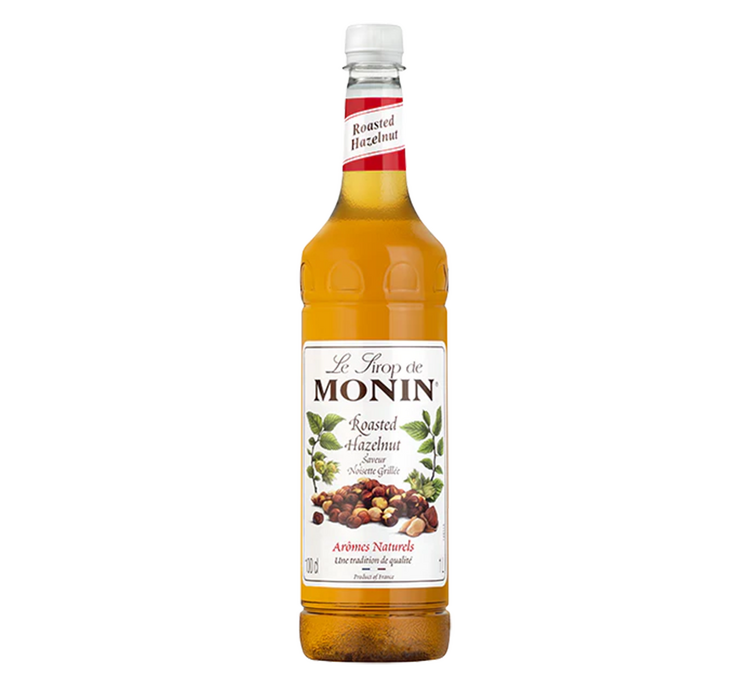 Jarabe Monin con sabor a avellana tostada, en botella de plástico, 1 litro.