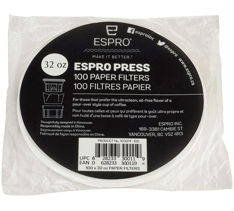 Koffiefilters, 32 oz - ESPRO - ronde papieren filters voor P3, P5, P6 en P7 - 1 liter, 100 stuks.