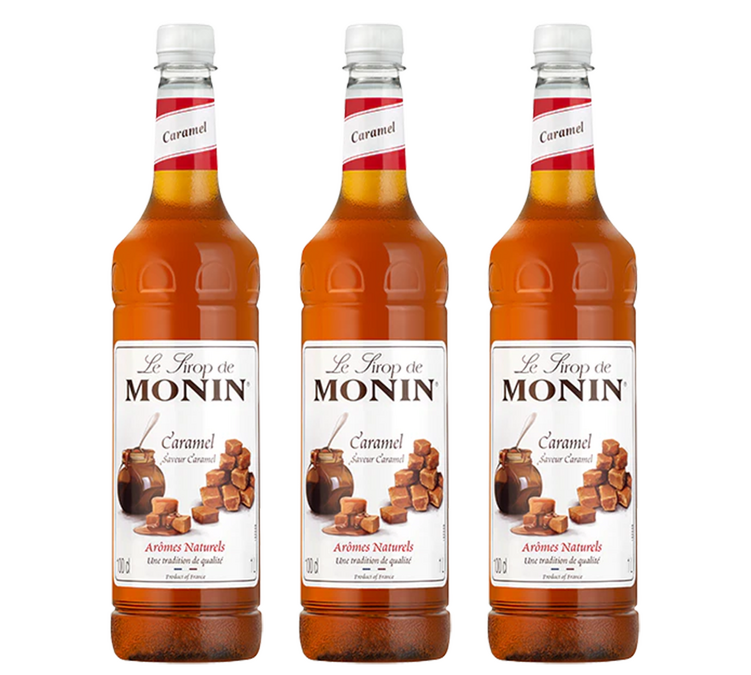 Sciroppo Monin al Caramello - Bottiglia in plastica - Confezione da 3 x 1 litro.