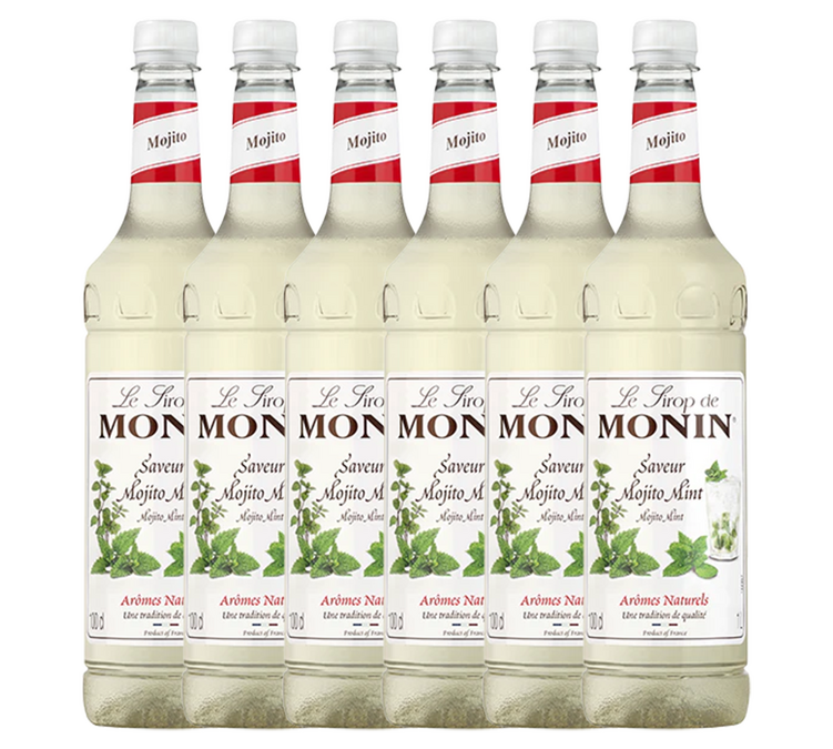 Jarabe con sabor a mojito y menta (sin alcohol) para uso profesional. Botella de plástico. Caja con 6 botellas de 1 litro. MONIN.