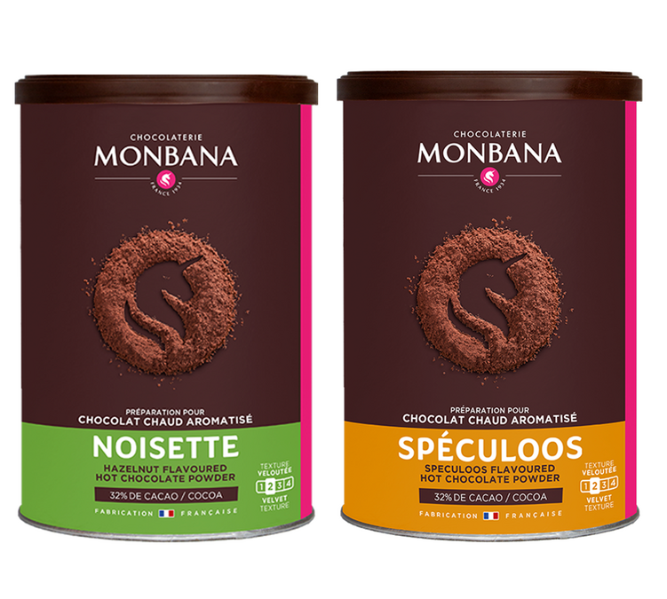 „Monbana“ kakavos miltelių mišinys su lazdynų riešutų ir „Speculoos“ prieskonių aromatu – 2 x 250 g pakuotė.