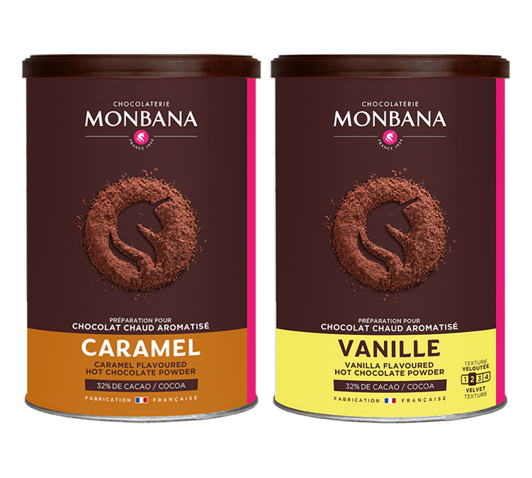 Confezione di cacao in polvere aromatizzato alla vaniglia e al caramello – confezione da 2 x 250 g – MONBANA