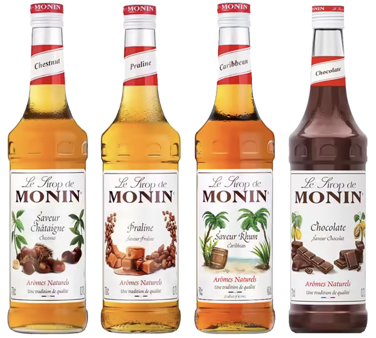 Pakke med Monin-sirup, smak av kastanje, sjokolade, pralin og rom – 4 flasker à 70 cl.