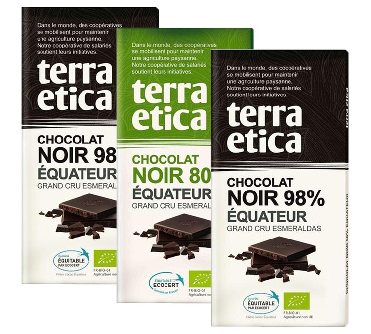 Pack 3 Tabletas de Chocolate Negro Ecológico 98% y 80% - 3 x 100 g - TERRA ETICA