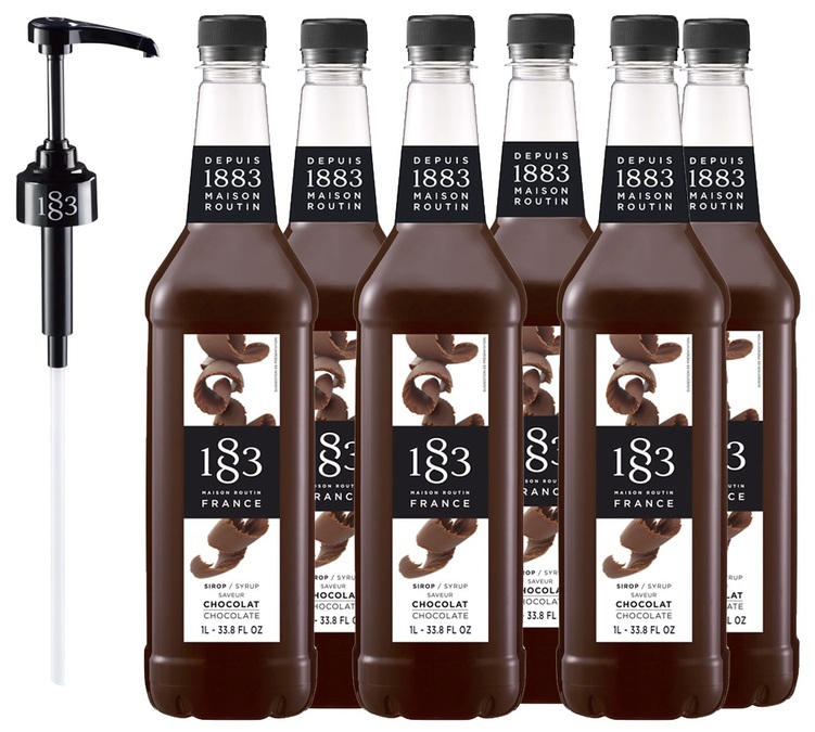 Pack xarope 1883 Routin Chocolate - Garrafa de plástico - 6 x 1L + Bomba doseadora