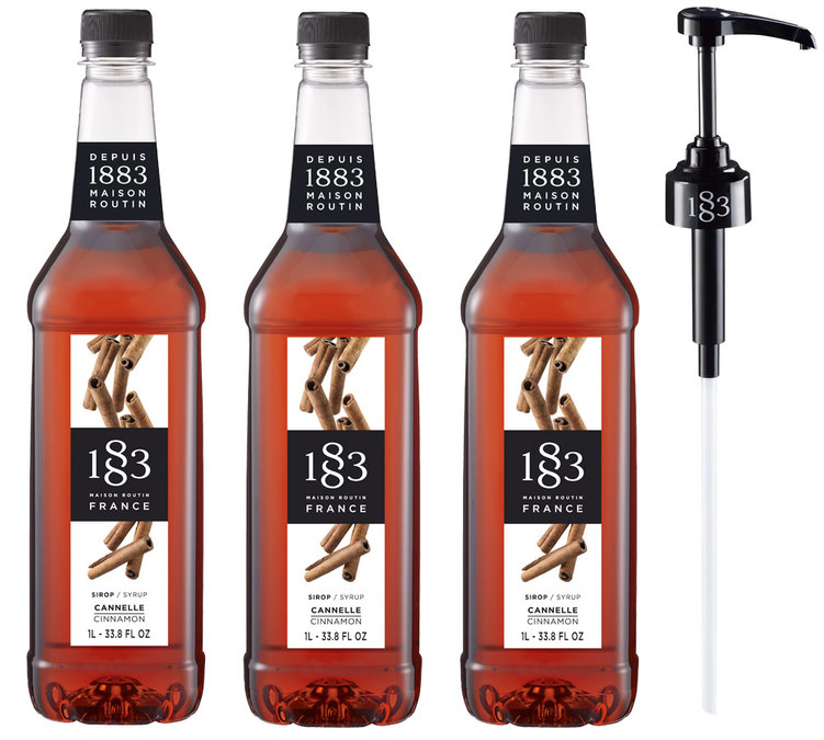 Sirop pour professionnel Cannelle - Bouteille plastique - 3 x 1L + Pompe doseuse 1883 ROUTIN
