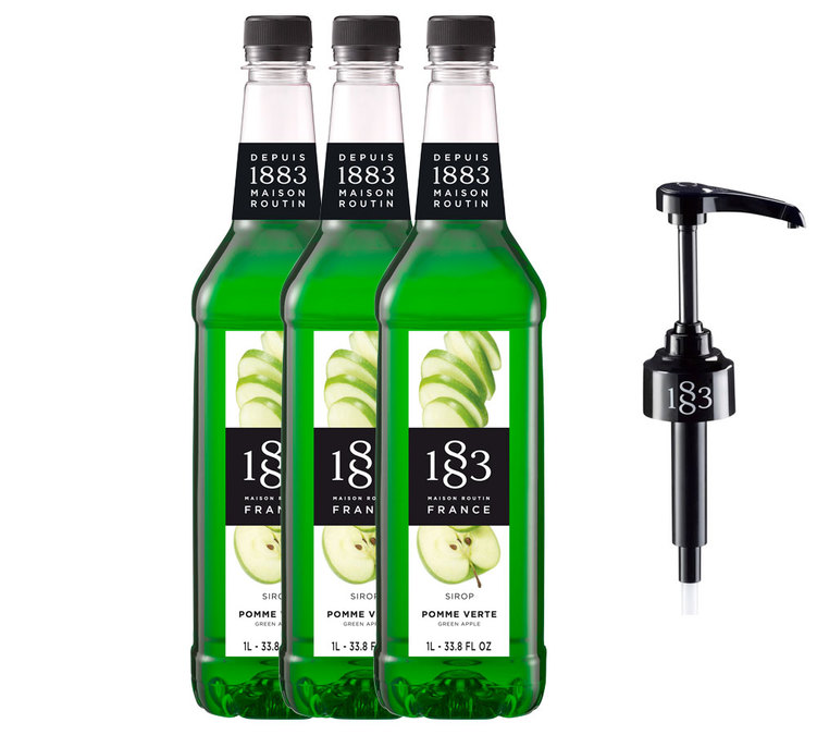 3 db-os készlet: Zöldalma ízű szirup, professzionális felhasználásra - műanyag palack - 3 x 1 liter + adagoló pumpa - 1883 ROUTIN