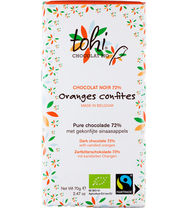 Tavoletta di cioccolato fondente 74% cacao, con arance amare biologiche - 70 g - TOHI