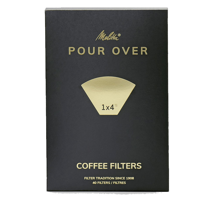 Verpakking met 40 Melitta-filters voor de Pour Over 1x4 methode, geschikt voor EPOS-koffiezetapparaten.