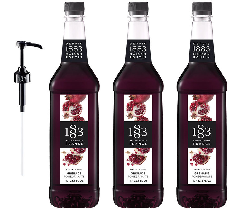 Conjunto de 3 xaropes 1883 Routin sabor Romã – Garrafa de plástico – 3 x 1 litro + Bomba dosificadora.