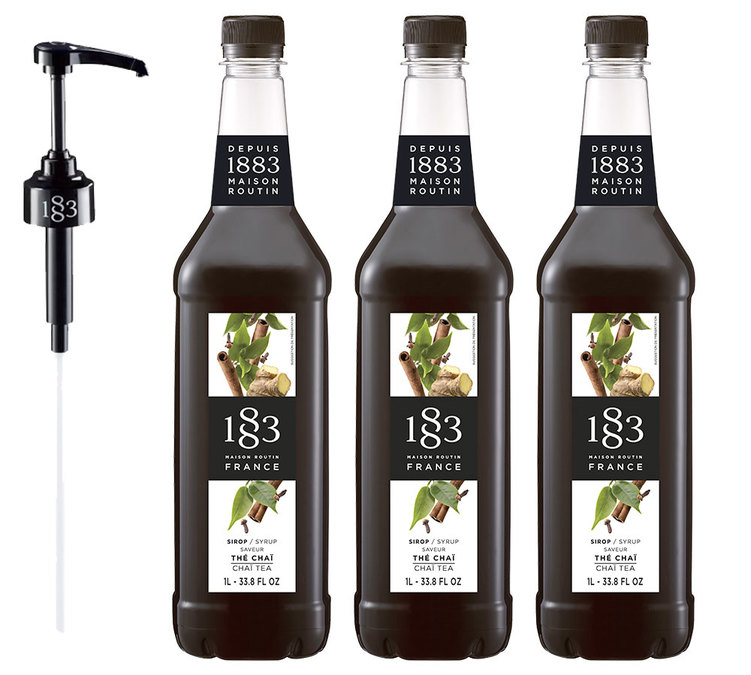 Conjunto de 3 xaropes de chá chai para uso profissional – Garrafa de plástico – 3 x 1 L + Bomba doseadora – 1883 ROUTIN